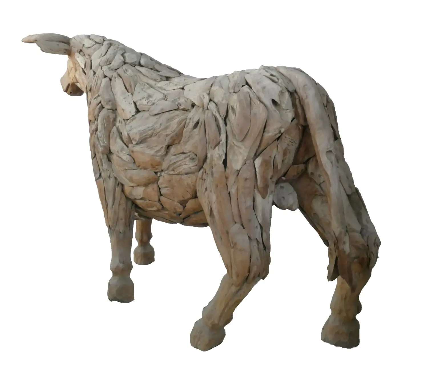  Product image 4 of the product “Standing Bull. Artistic made made from single teak wood pieces. The head is carved wood. The size is 247cm Length. ”